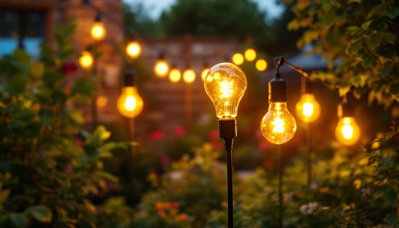 A photograph of a vibrant outdoor scene featuring a variety of solar-powered bulbs illuminating a garden or patio at dusk
