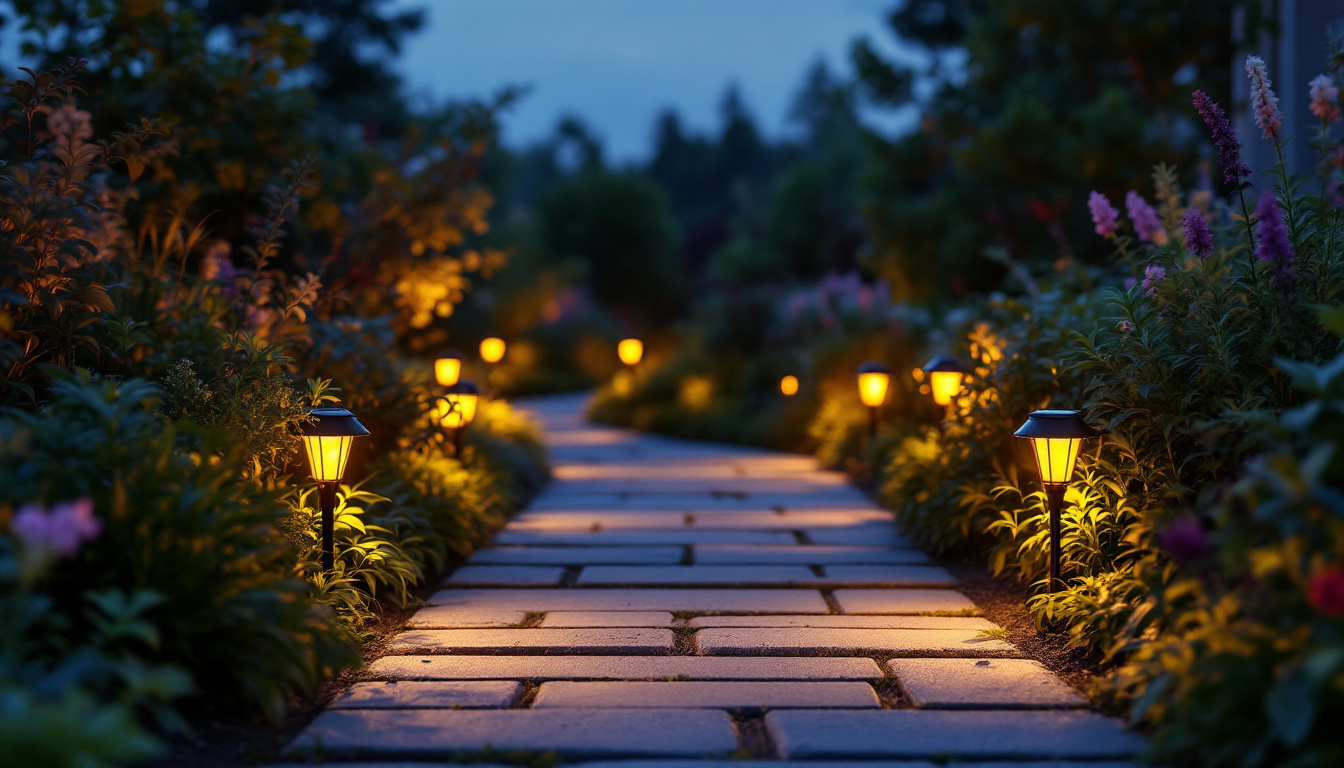 A photograph of a beautifully illuminated garden pathway at dusk