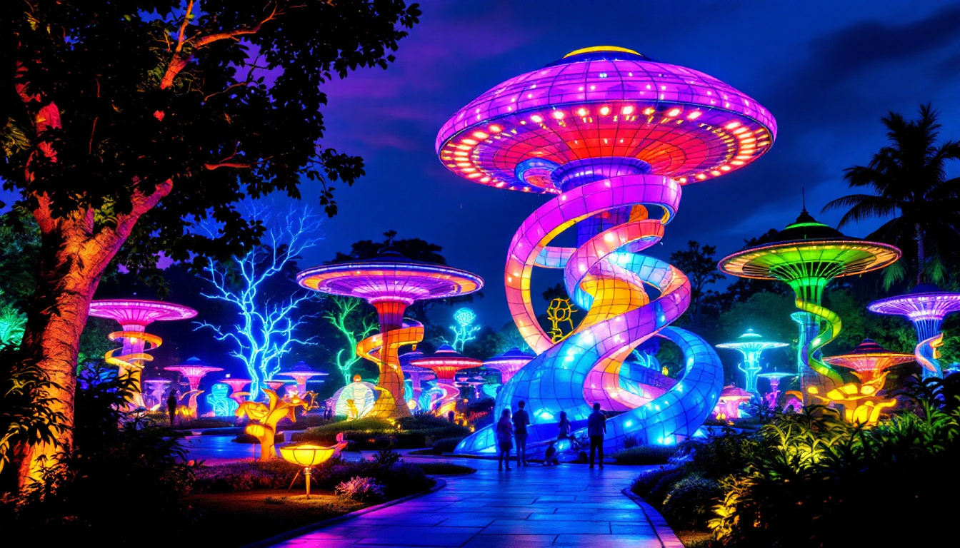 A photograph of a captivating ufo-themed light installation at dusk