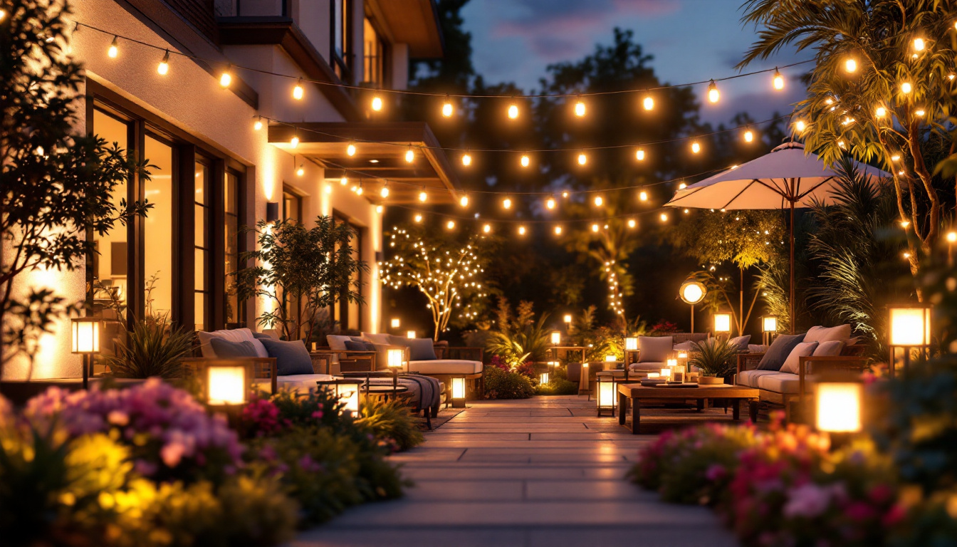 A photograph of a beautifully illuminated outdoor space featuring various styles of exterior led lights