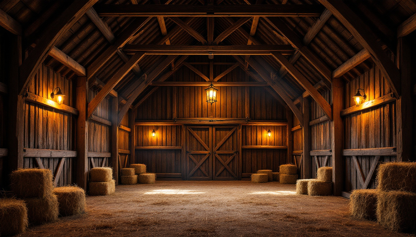 A photograph of a rustic barn interior illuminated by warm
