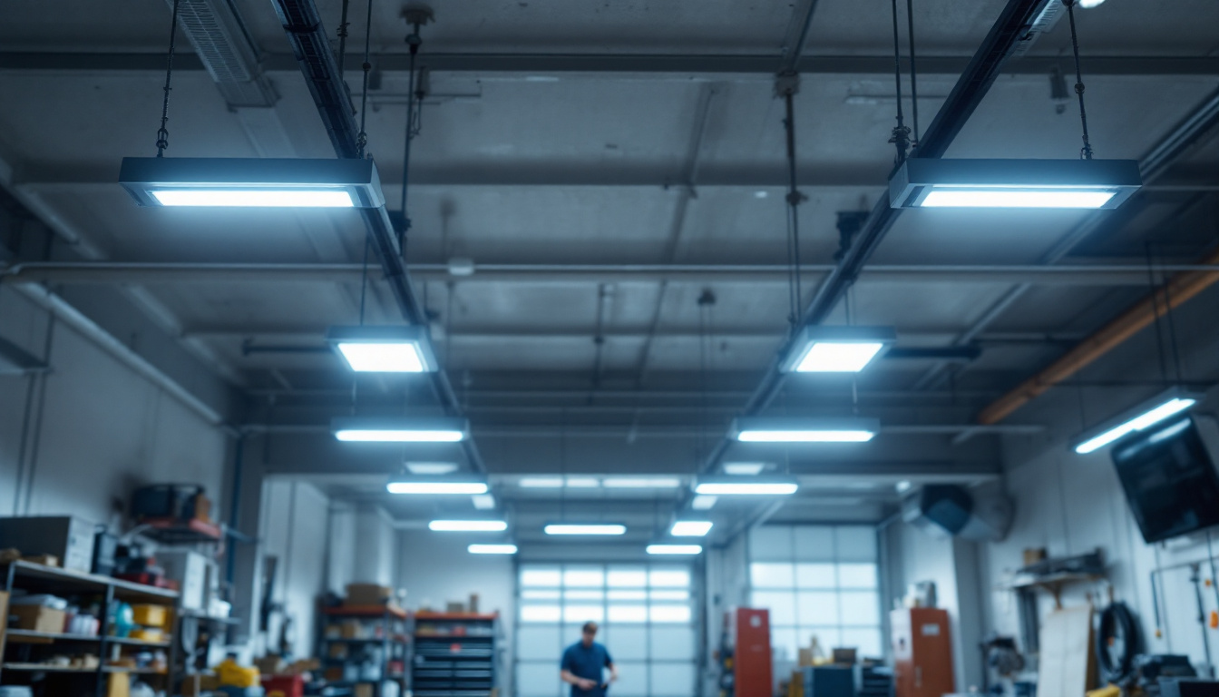 A photograph of a well-lit workshop or garage space featuring multiple 8-foot led shop light fixtures installed on the ceiling