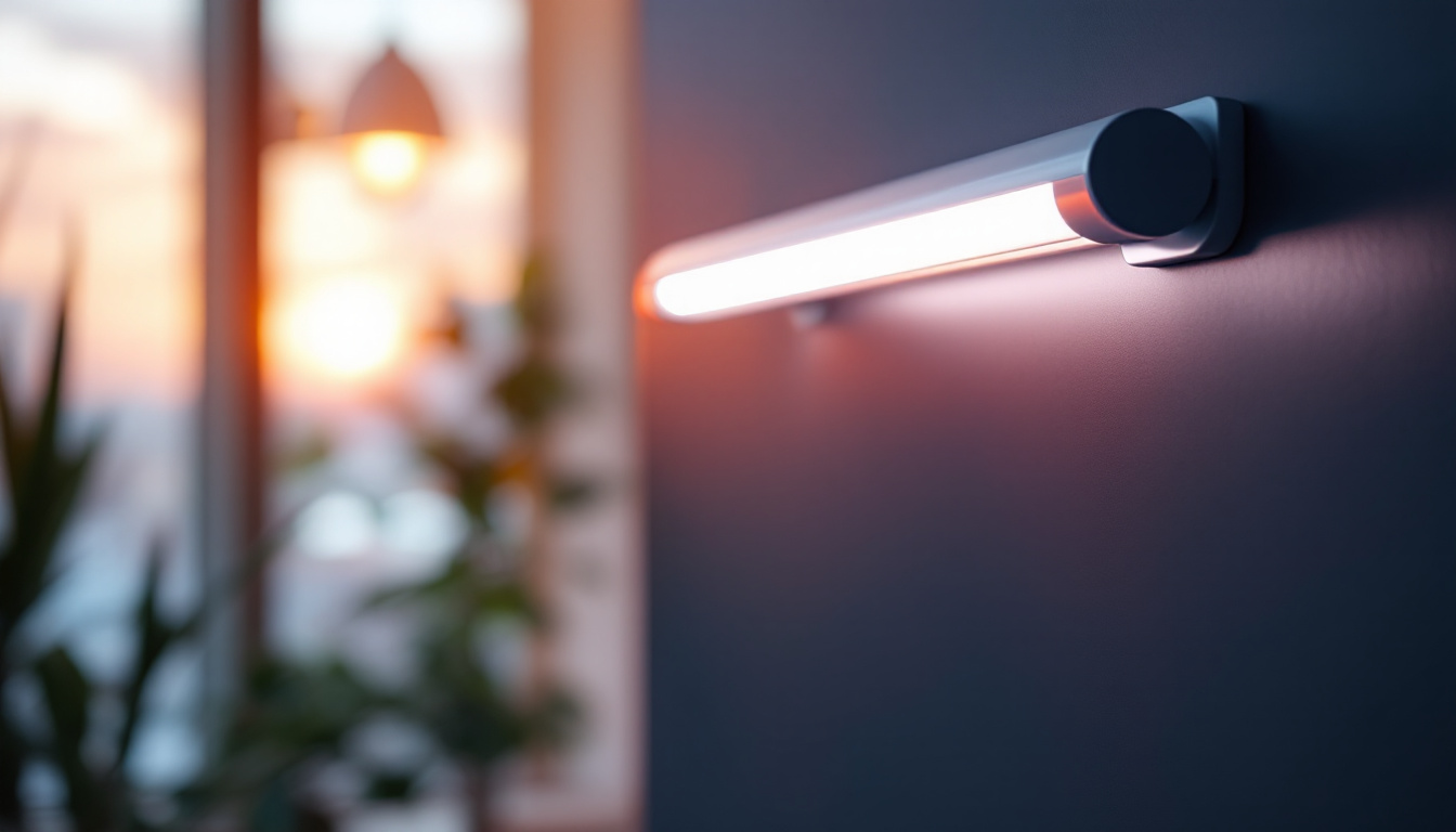 A photograph of a modern fluorescent light fixture in an aesthetically pleasing setting
