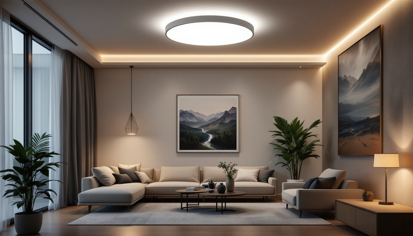 A photograph of a stylish interior space featuring a modern flush mount led ceiling light
