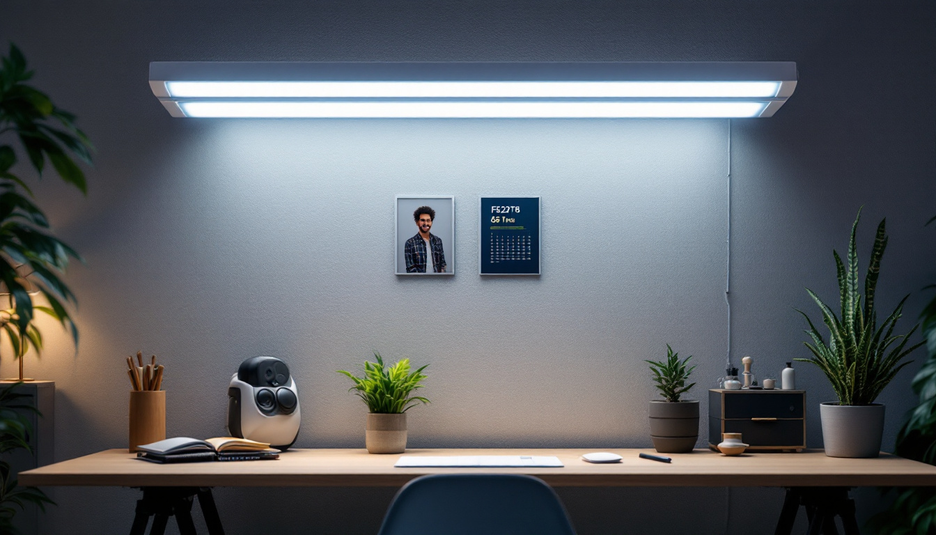 A photograph of a well-lit workspace featuring an f32t8 fluorescent light fixture in action