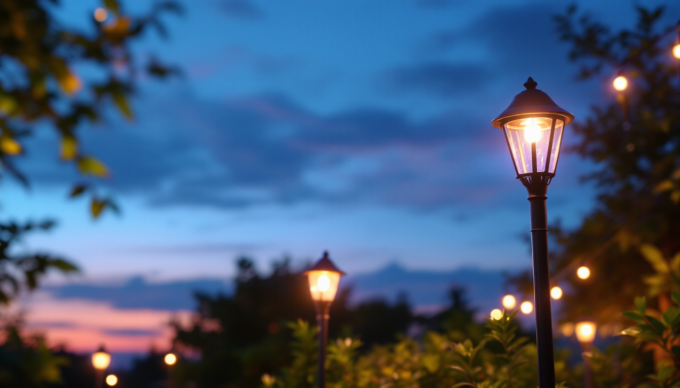 A photograph of a beautifully illuminated outdoor space featuring various styles of solar-powered lights