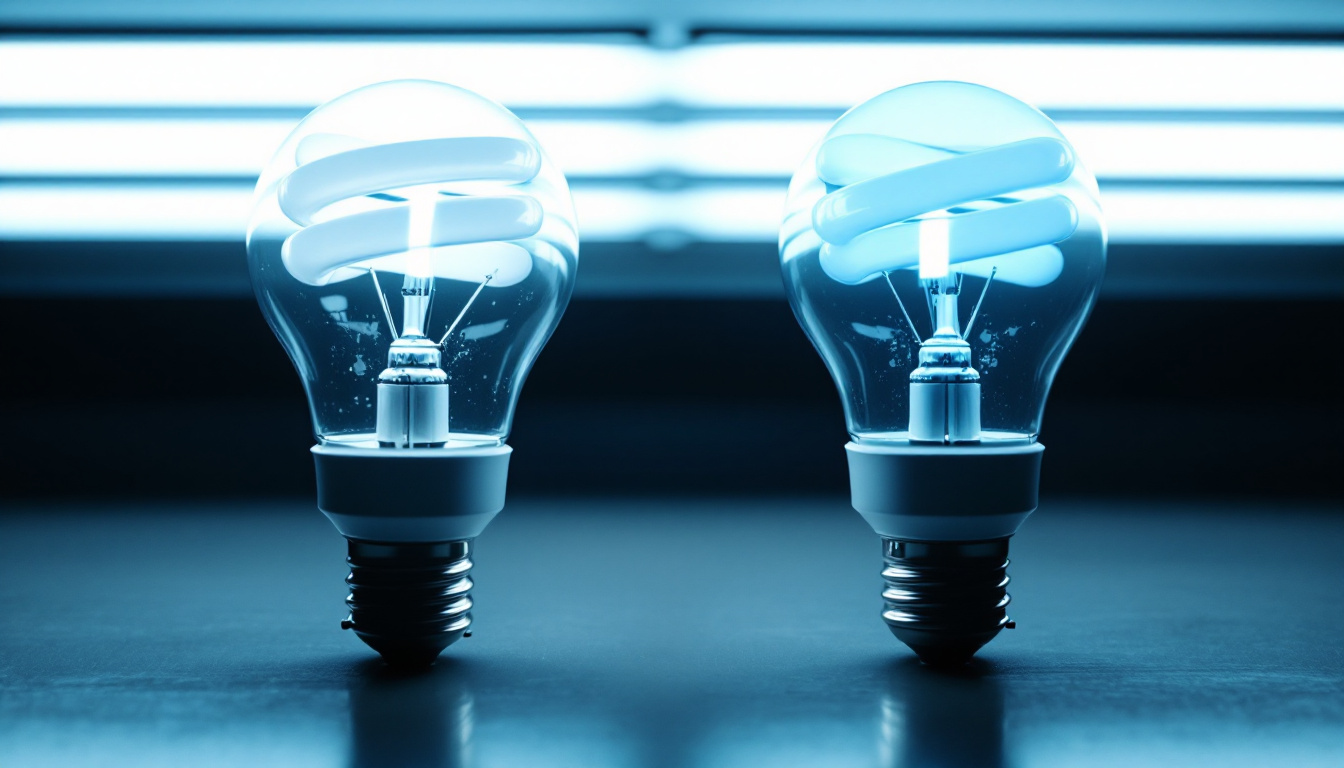 A photograph of a side-by-side comparison of t8 and t12 fluorescent bulbs illuminated in a well-lit setting
