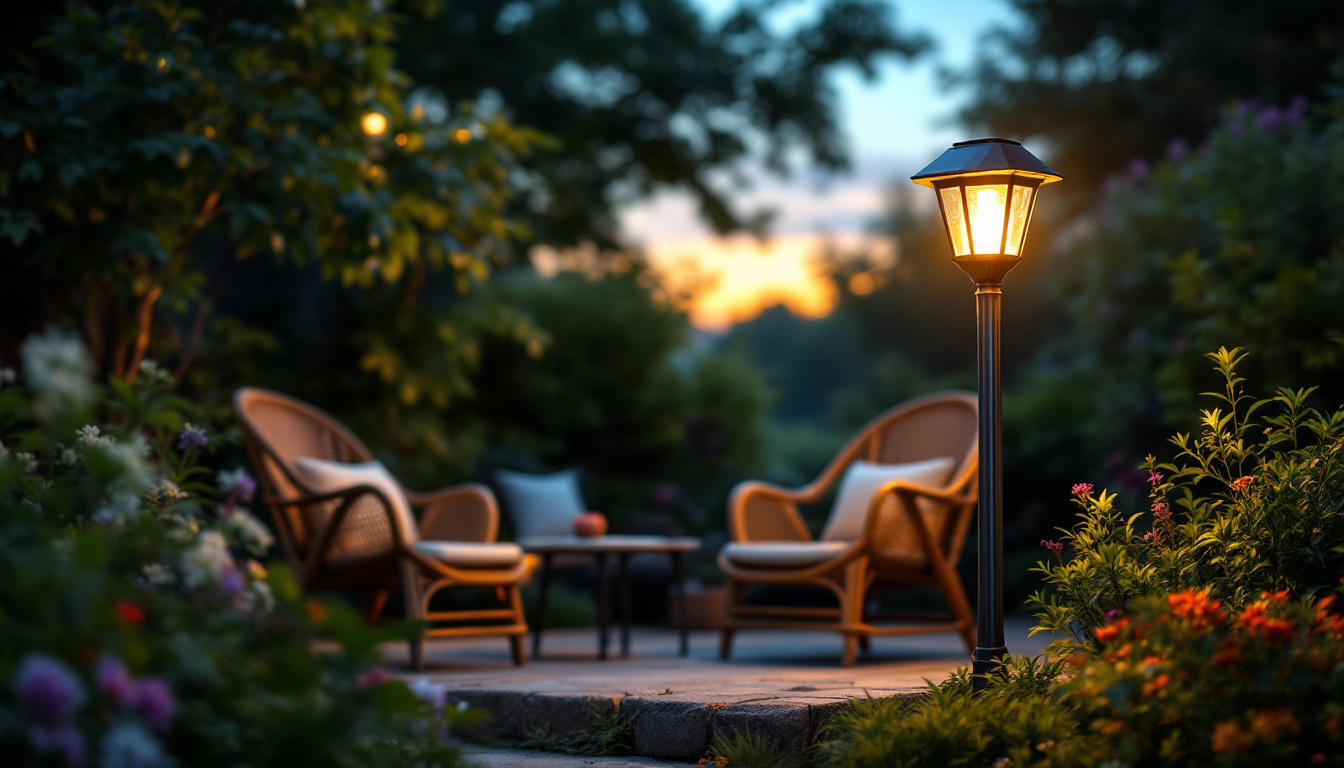 A photograph of a beautifully lit outdoor scene at dusk featuring a glowing post solar lantern illuminating a cozy seating area