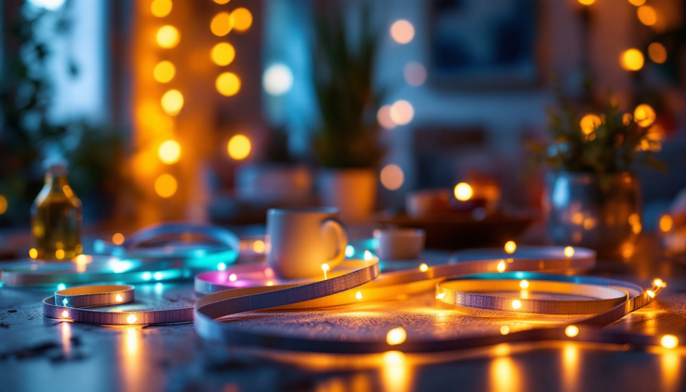 A photograph of capture a photograph of a beautifully arranged scene featuring vibrant tape lights illuminating a cozy indoor space