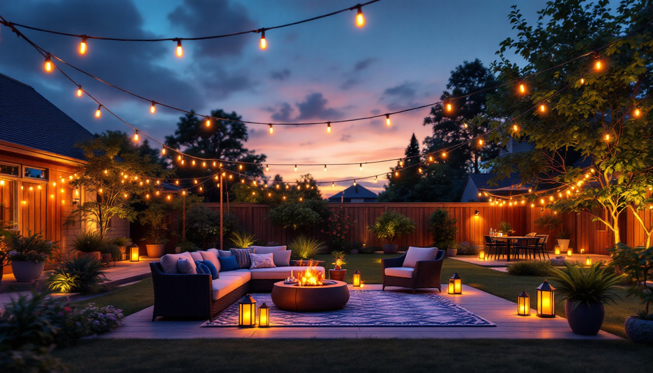 A photograph of a beautifully illuminated backyard at dusk