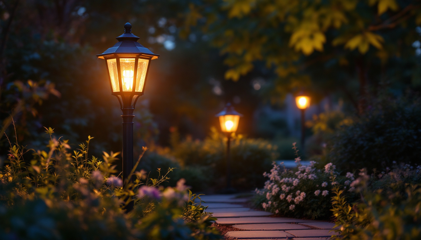 A photograph of capture a photograph of a beautifully illuminated outdoor post lantern in a serene garden setting during twilight