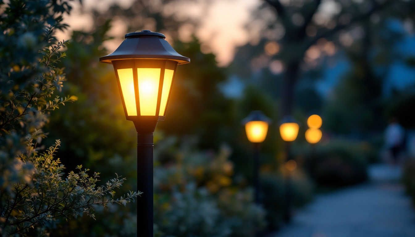 A photograph of a beautifully illuminated solar lamp post in a tranquil outdoor setting during dusk