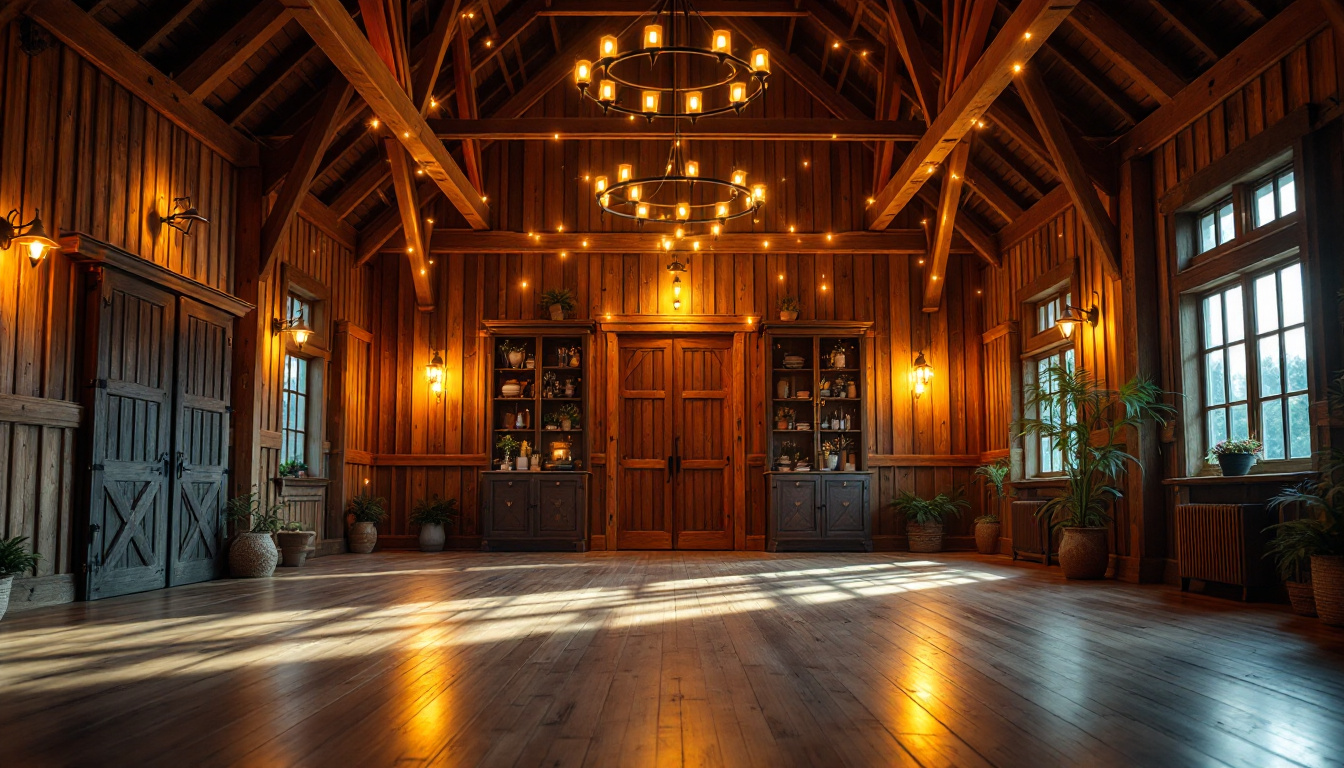 A photograph of a beautifully lit barn interior showcasing a variety of lighting options