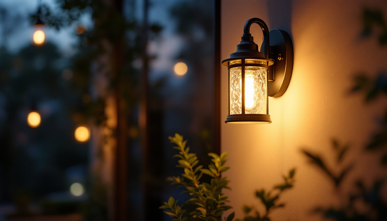 A photograph of a stylish wall outdoor lamp illuminated at dusk