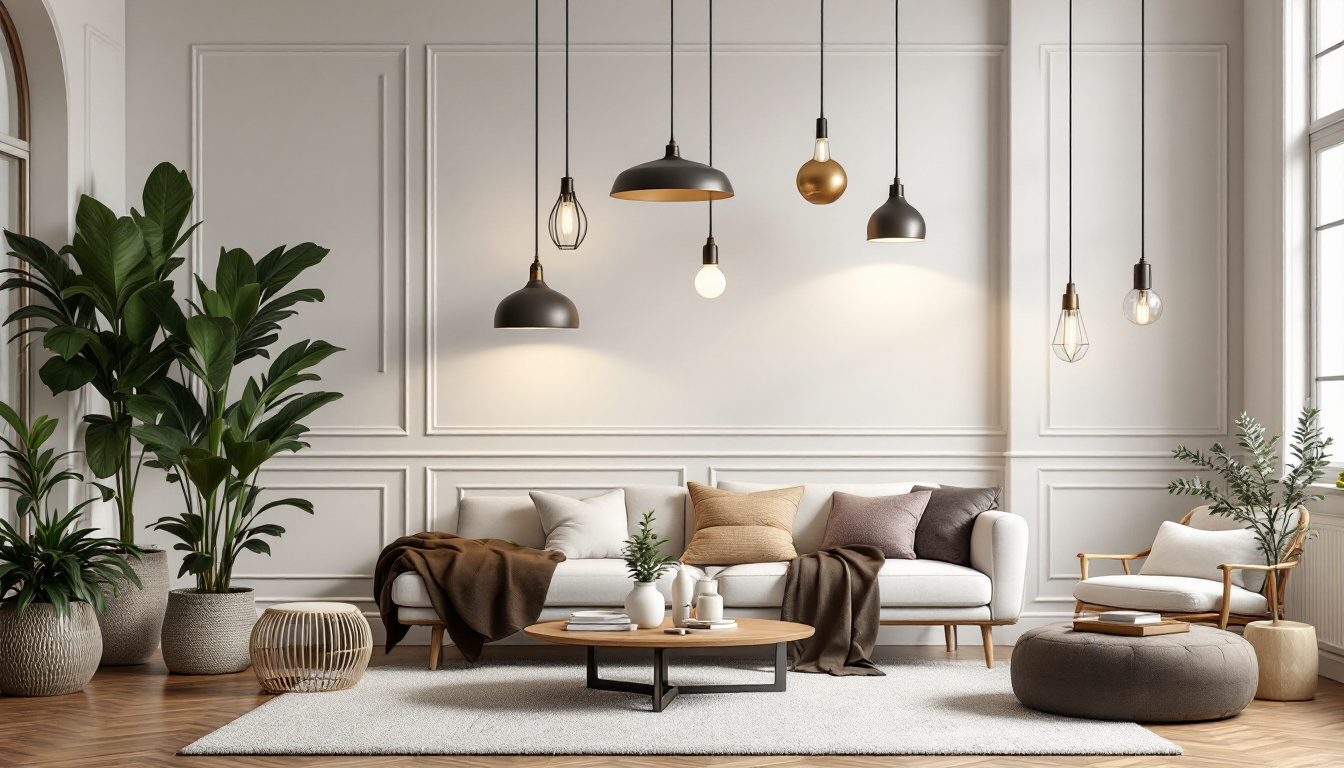 A photograph of a beautifully styled room featuring a variety of pendant lighting fixtures in different designs and settings