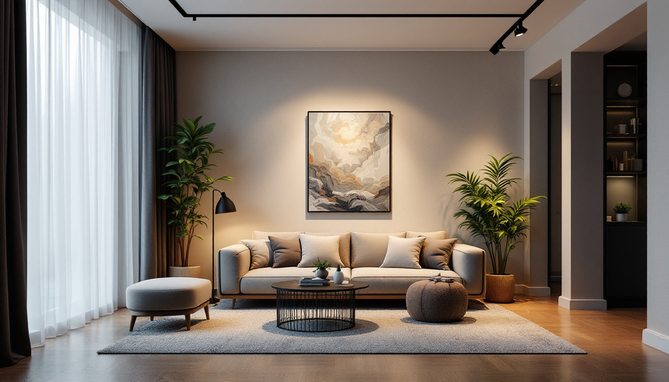 A photograph of a stylishly designed room featuring led track lighting that highlights artwork or architectural elements