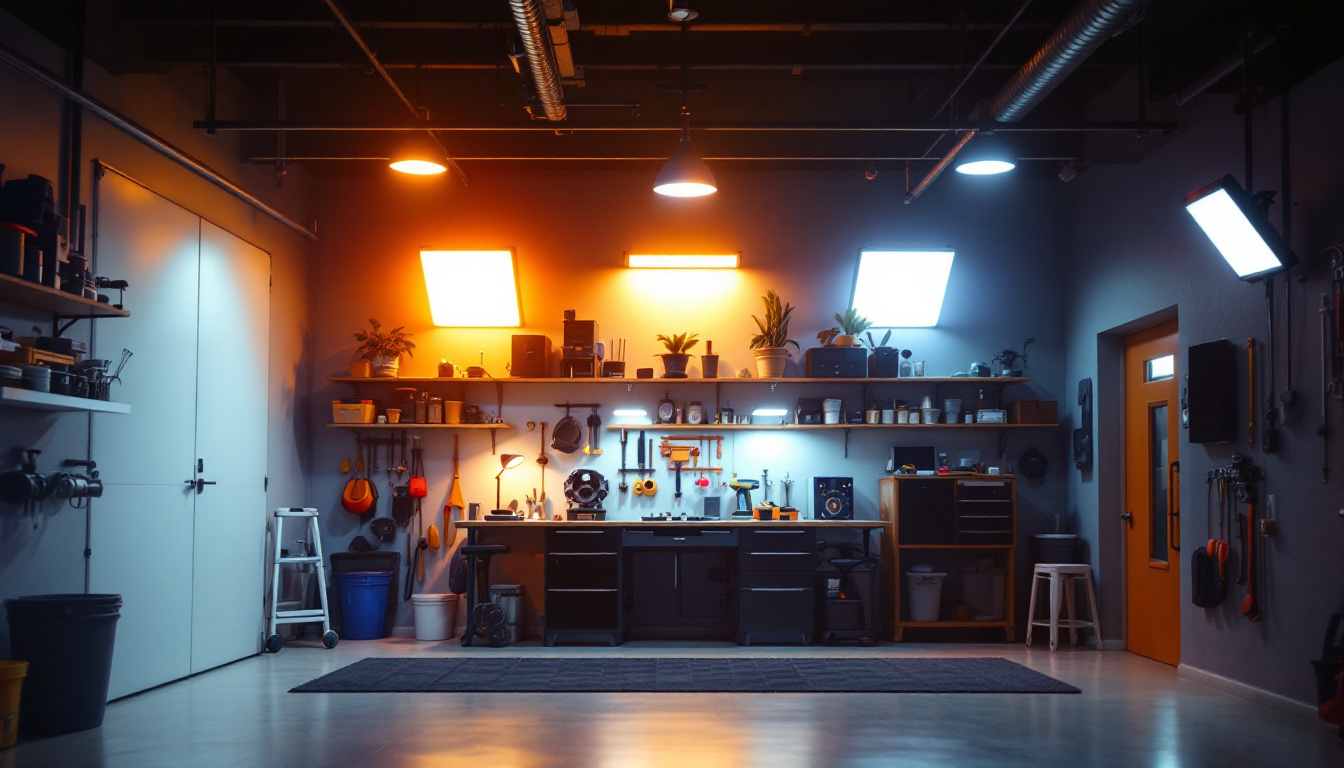 A photograph of a well-lit garage featuring various led light setups