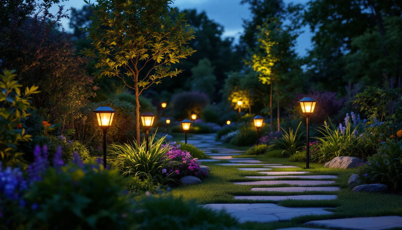 A photograph of a beautifully illuminated garden at dusk