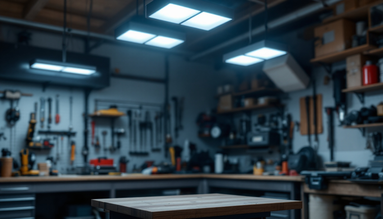 A photograph of a well-lit garage featuring a modern led light fixture