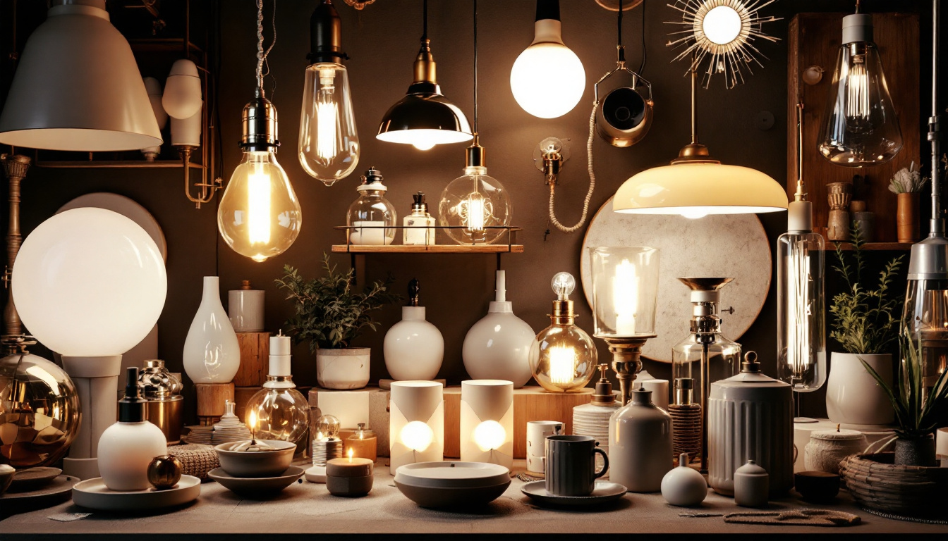 A photograph of a beautifully arranged assortment of various light fixtures and receptacles