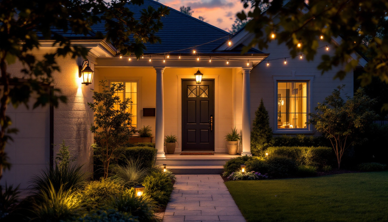 A photograph of capture a photograph of a beautifully illuminated home exterior at dusk