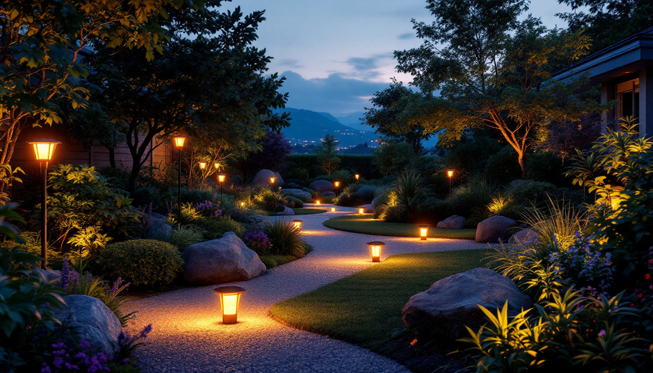 A photograph of a beautifully landscaped garden at dusk