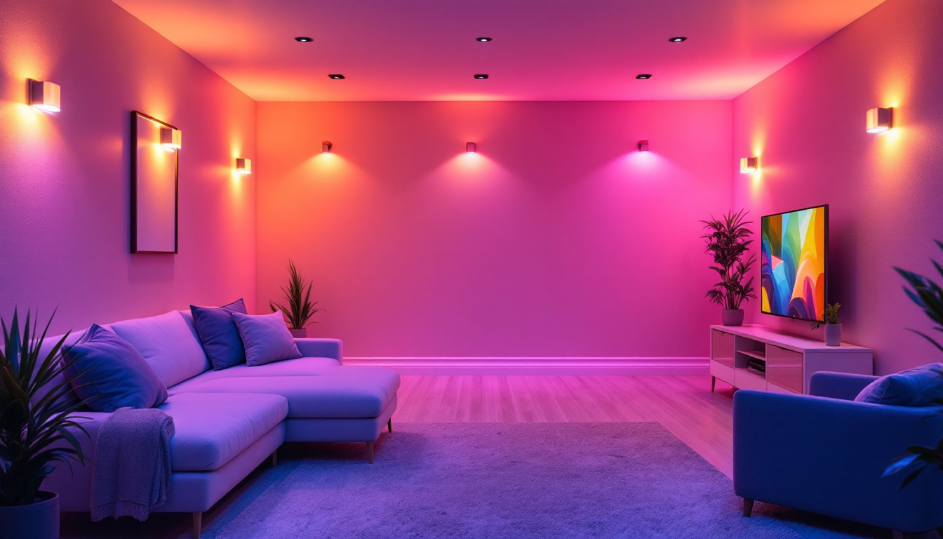 A photograph of a beautifully designed basement space illuminated by various types of lighting fixtures