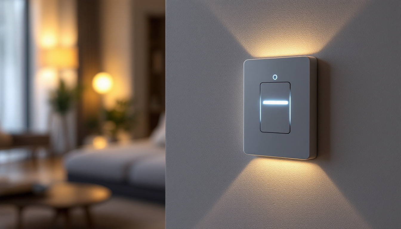 A photograph of a modern motion sensor light switch installed in a stylish home setting