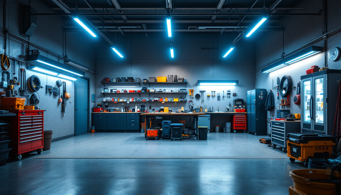 A photograph of a well-lit garage showcasing various led lighting options