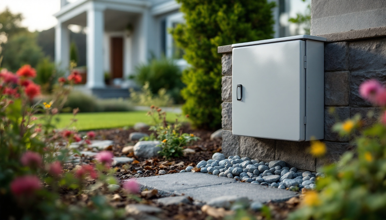 A photograph of capture a photograph of a well-installed outdoor electrical box cover in a landscaped setting