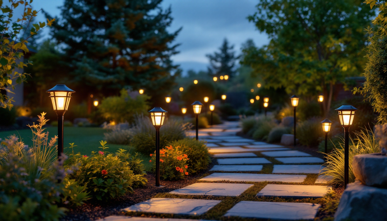 A photograph of a beautifully landscaped outdoor setting featuring a variety of home depot solar lamps illuminating pathways and garden areas at dusk