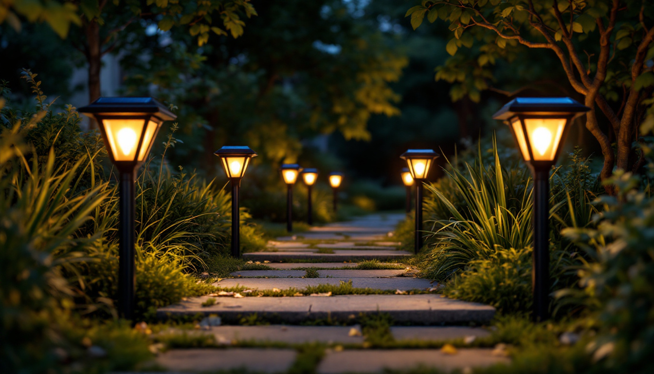 A photograph of a well-lit outdoor scene featuring various styles of solar lights installed in a garden or pathway