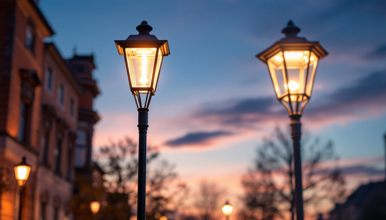 A photograph of a beautifully illuminated lamp post street light at dusk