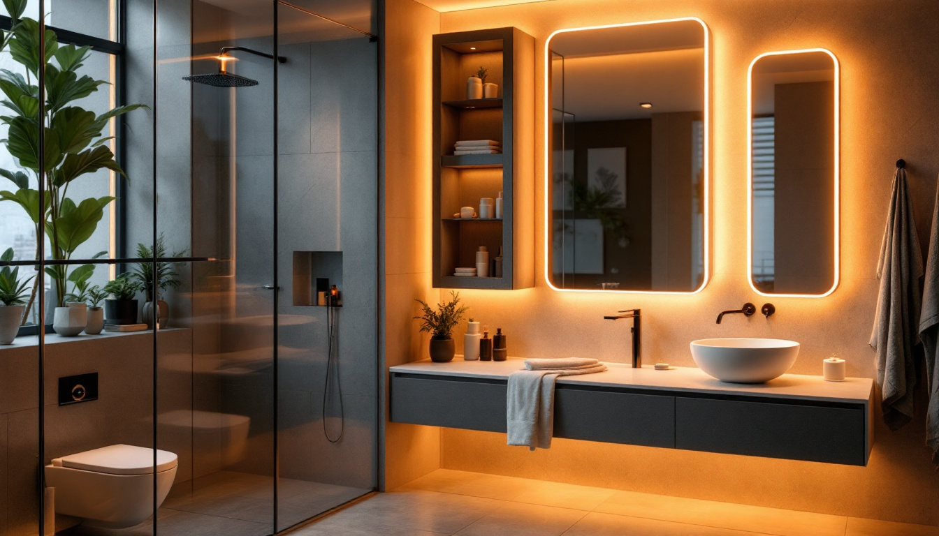 A photograph of a stylishly designed bathroom featuring warm led lighting that highlights the space's modern aesthetics and creates a soothing ambiance