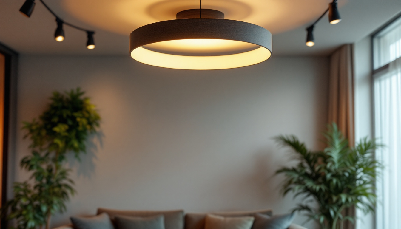 A photograph of a stylish lounge space featuring a beautifully designed ceiling light fixture that showcases its warm glow and enhances the overall ambiance of the room
