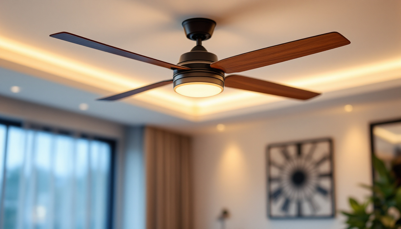 A photograph of a stylishly designed ceiling fan with integrated lighting