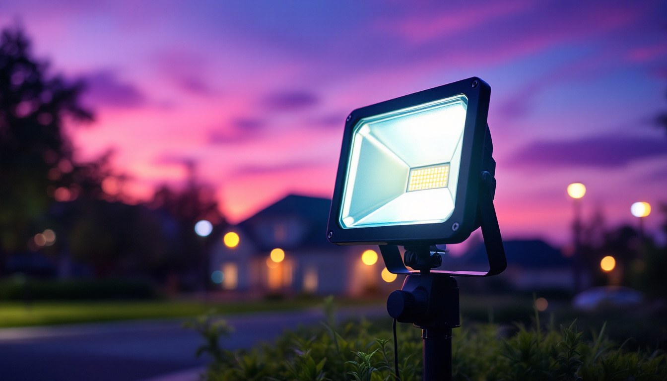 A photograph of a vibrant outdoor scene illuminated by a powerful led flood light at dusk