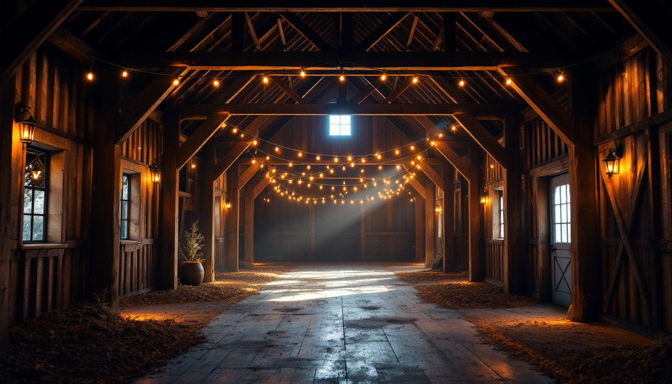 A photograph of a beautifully lit barn interior showcasing warm