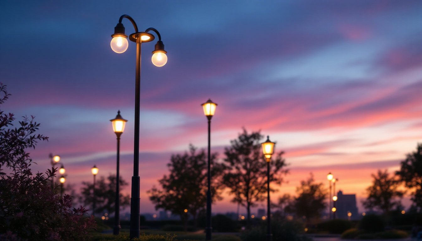 A photograph of a beautifully illuminated outdoor space featuring various styles of light post lights in action during twilight