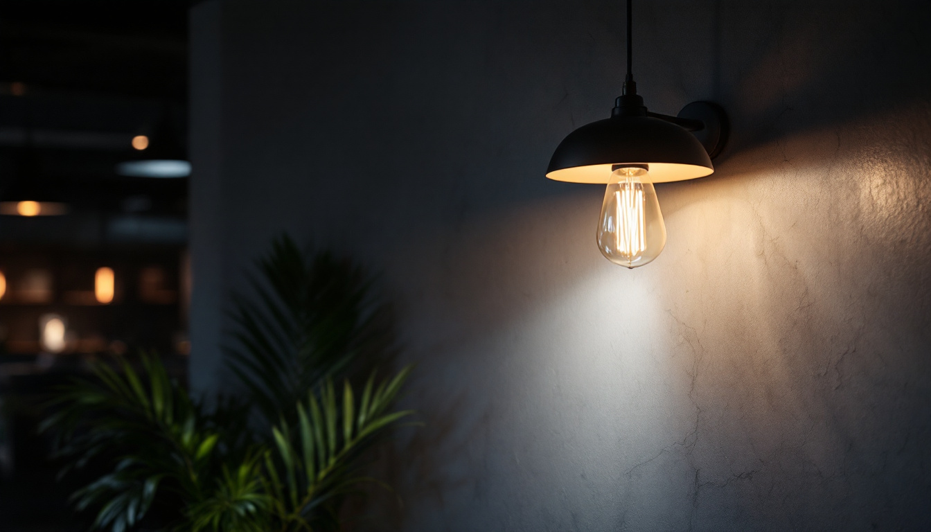 A photograph of a modern office space featuring a stylish light fixture