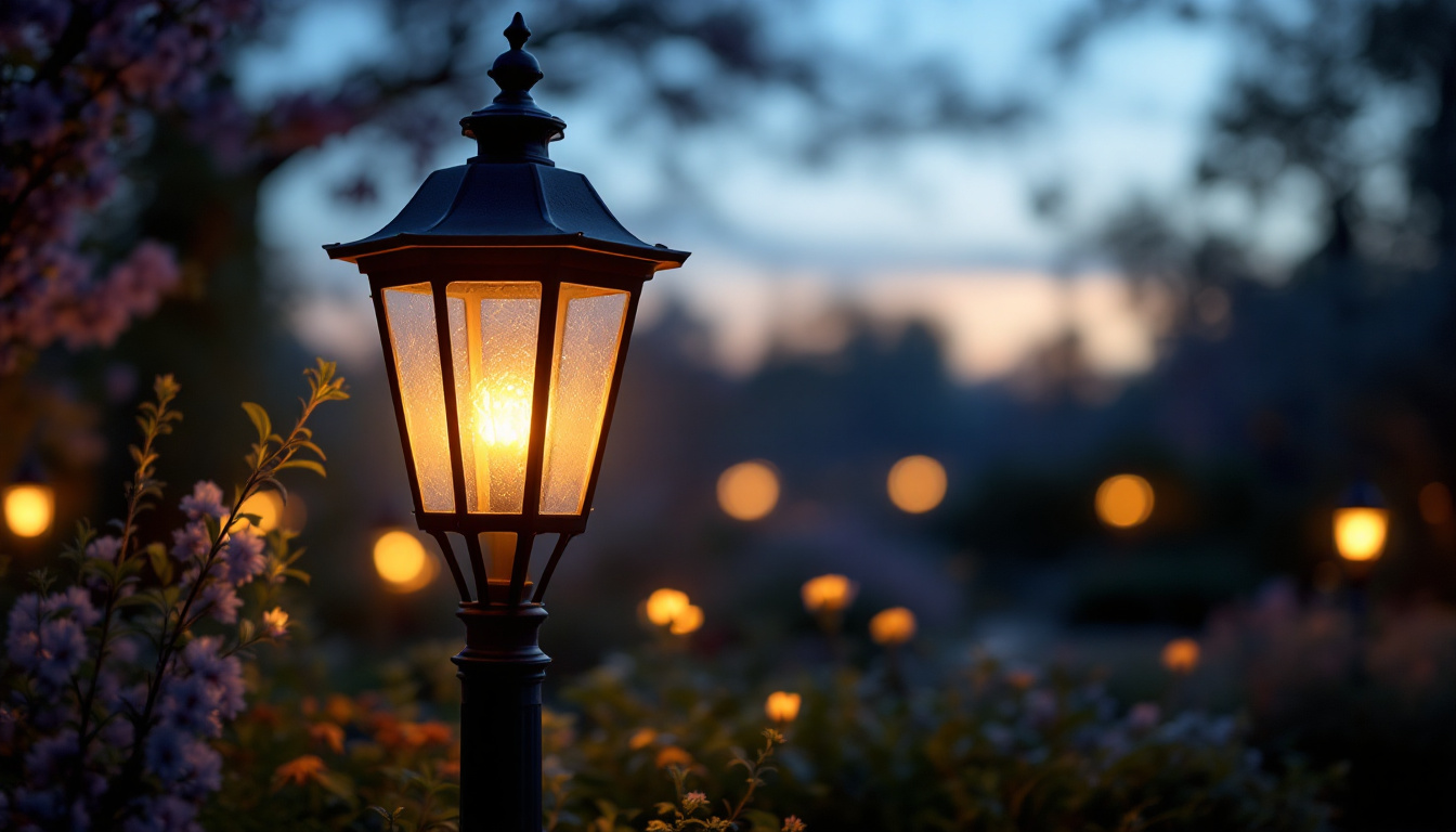A photograph of capture a photograph of a beautifully illuminated outdoor post lantern in a serene garden setting during twilight