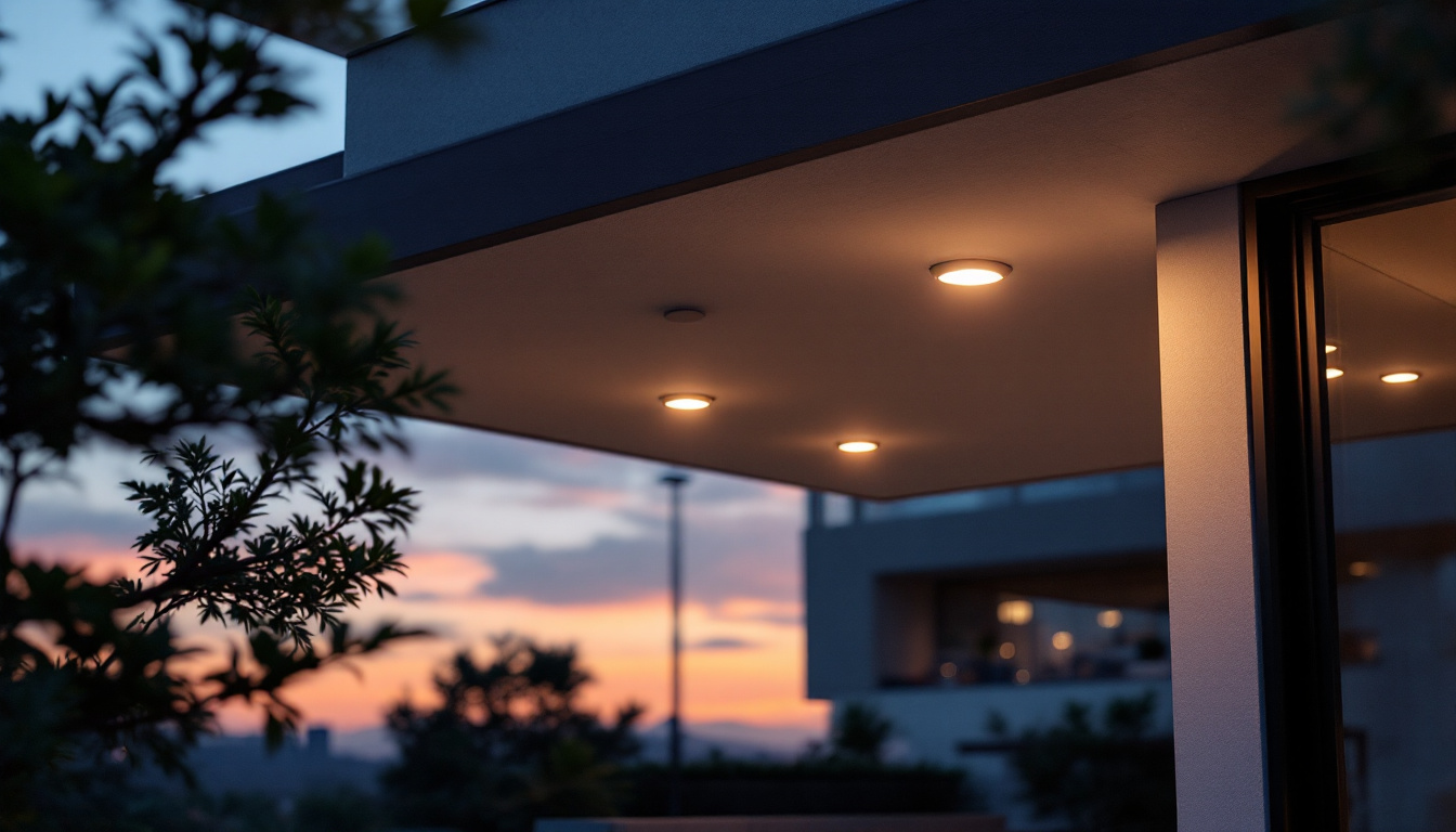 A photograph of a beautifully illuminated exterior ceiling light installed in a modern outdoor setting