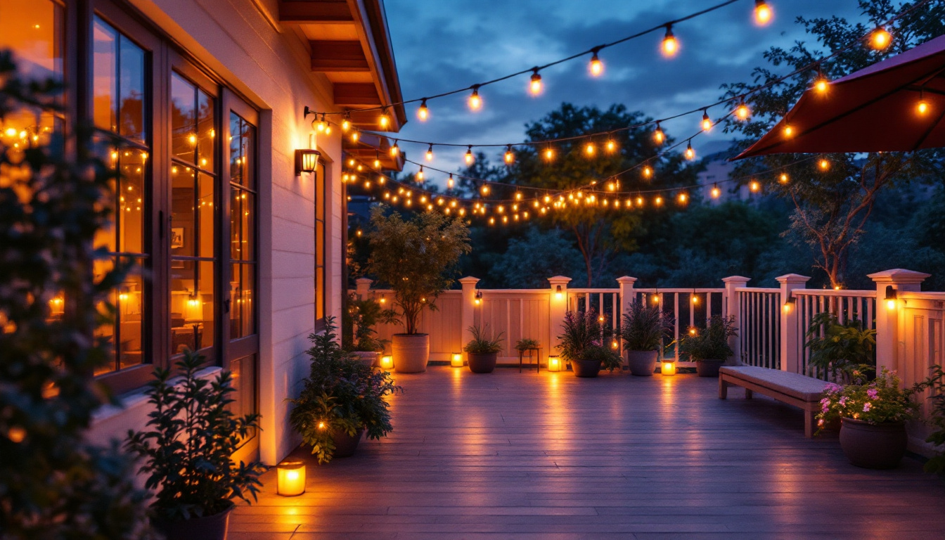 A photograph of a beautifully illuminated patio at dusk