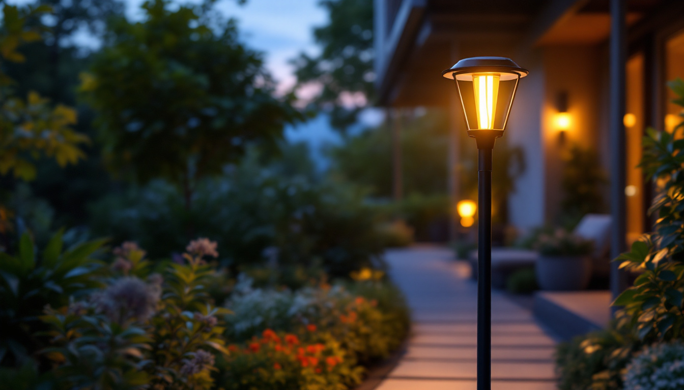 A photograph of a beautifully illuminated outdoor space featuring a stylish solar light post