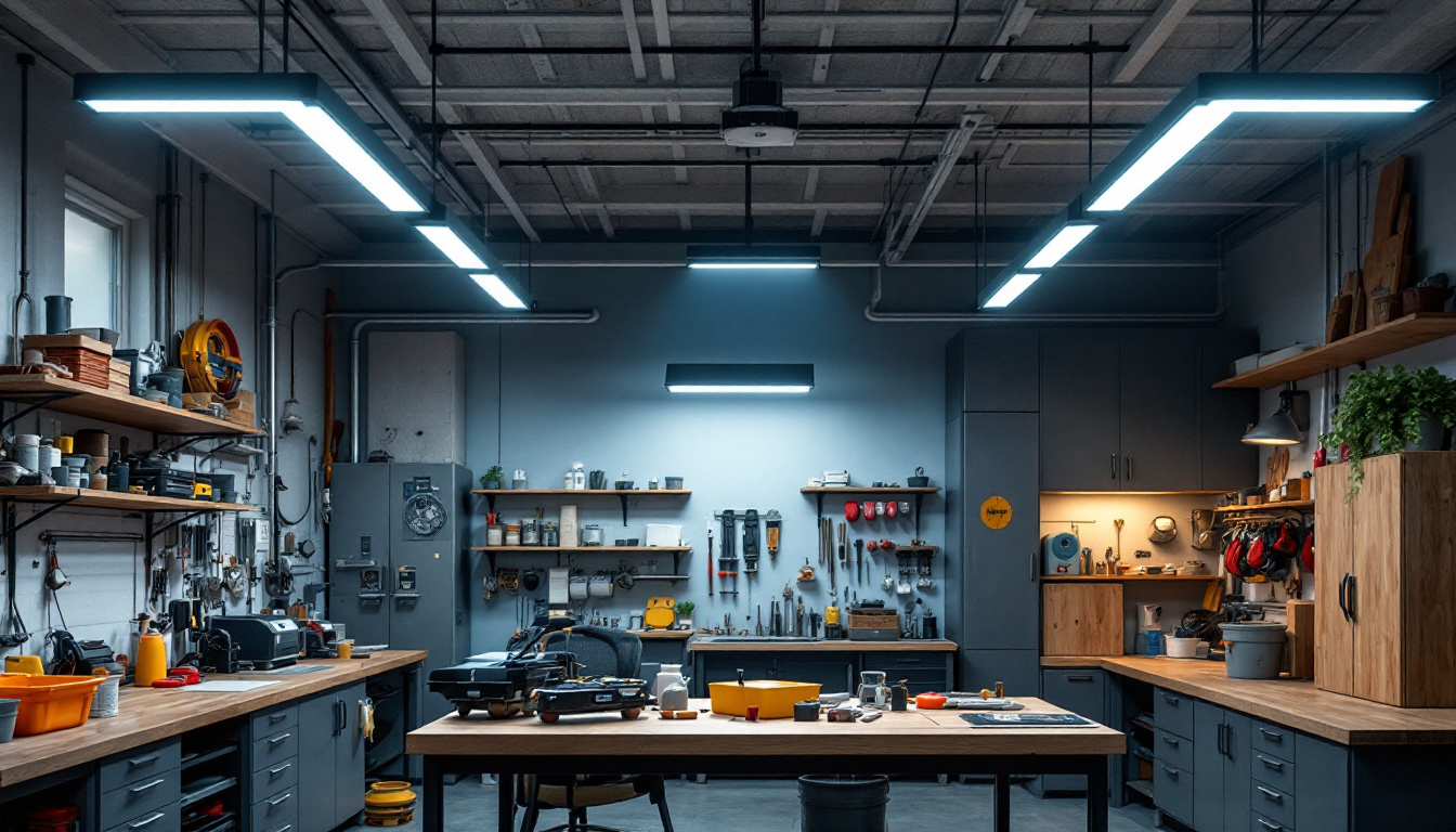 A photograph of a well-lit workshop or garage featuring 4ft led shop lights installed overhead