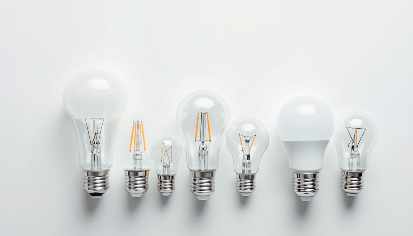 A photograph of a variety of light bulbs with different base types arranged aesthetically on a clean