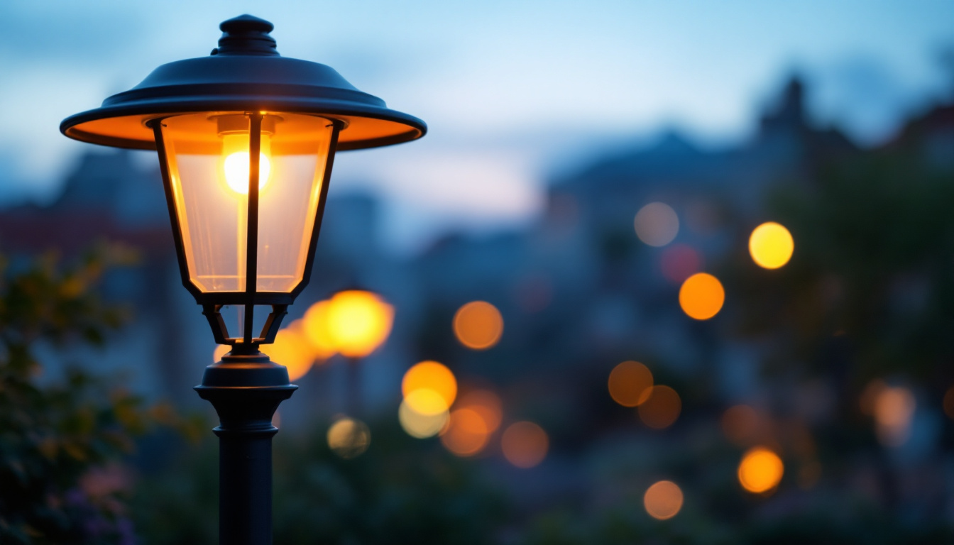 A photograph of a beautifully designed post lamp illuminated at dusk