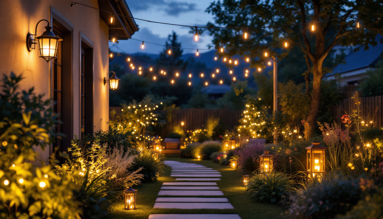 A photograph of a beautifully illuminated outdoor space featuring a variety of stylish outdoor lights