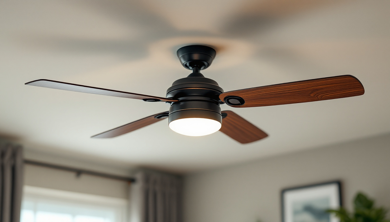 A photograph of a stylish ceiling fan equipped with a modern light kit