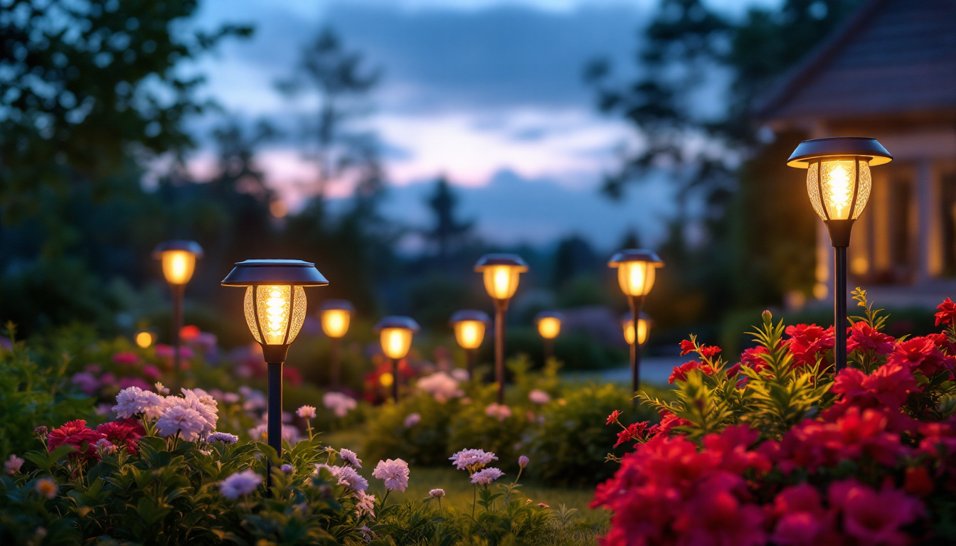 A photograph of a beautifully illuminated garden scene at dusk